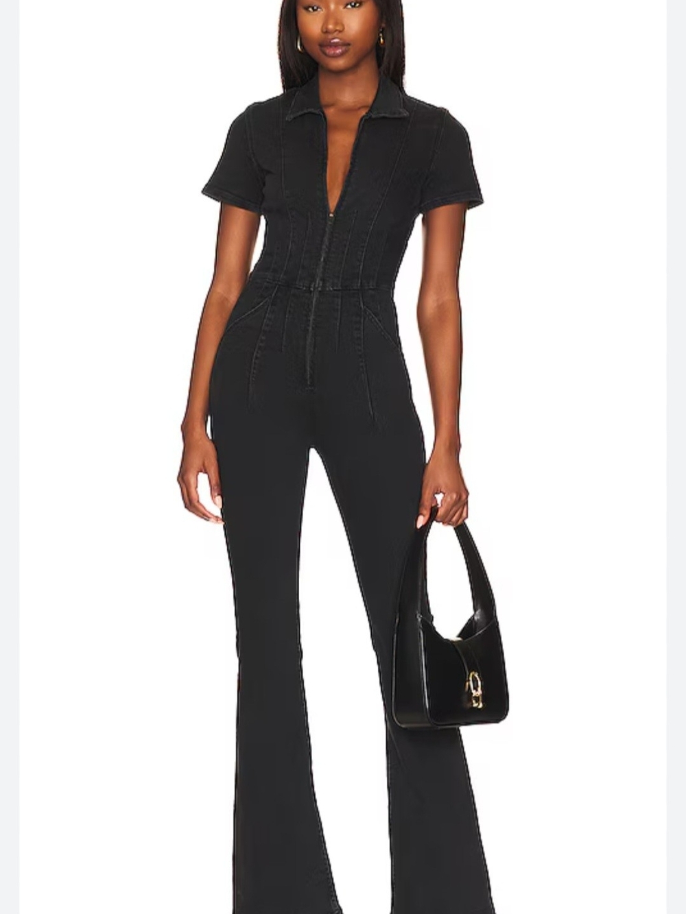 We The Free Black Short-Sleeve Zip Front Jumpsuit